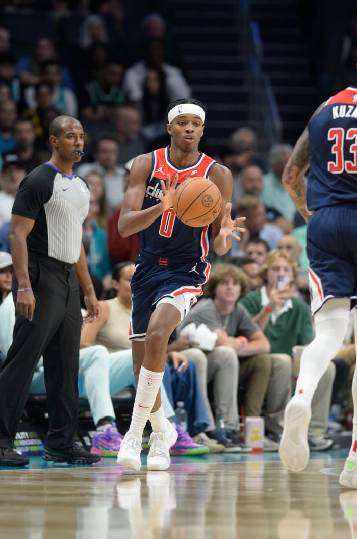 Washington Wizards forward Bilal Coulibaly (0) catches a pass during the first half against the Charlotte Hornets at the Spectrum Center.